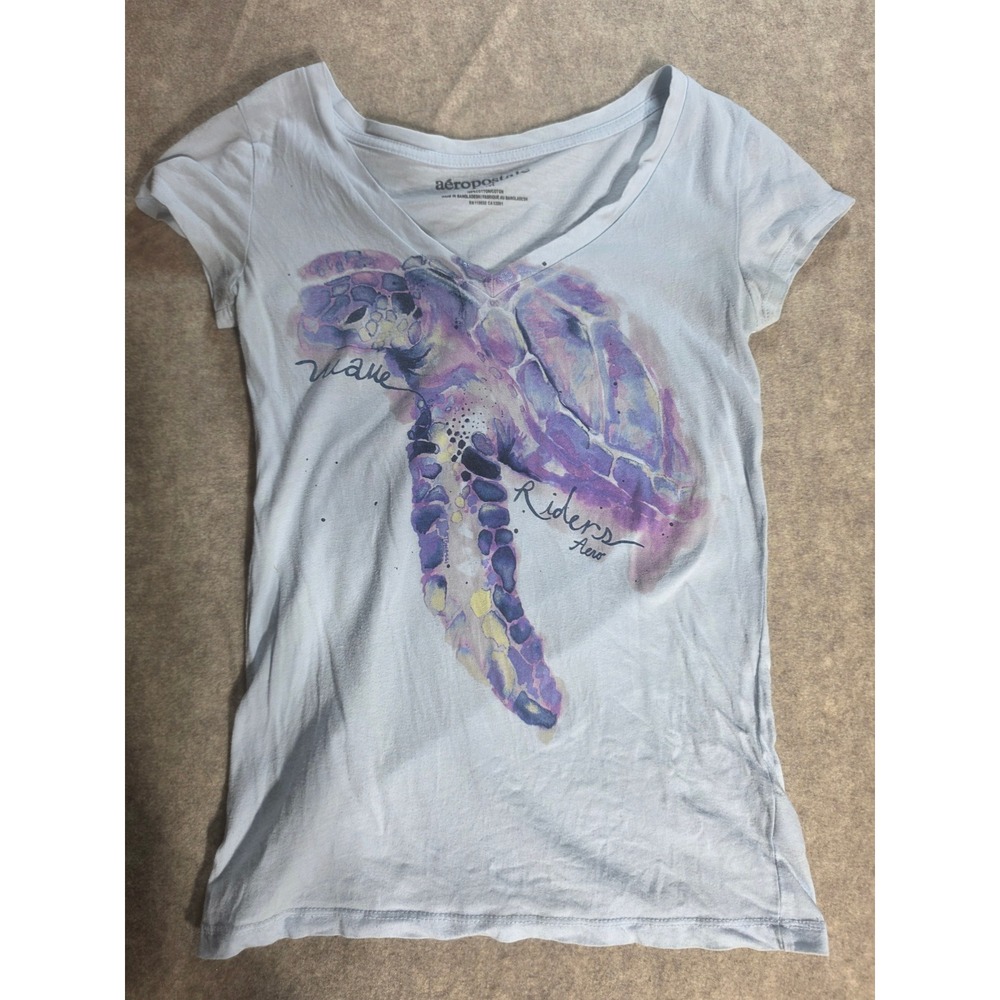 Aeropostale Womens Sea Turtle Graphic Tee Blue V-Neck Cotton T-Shirt Medium